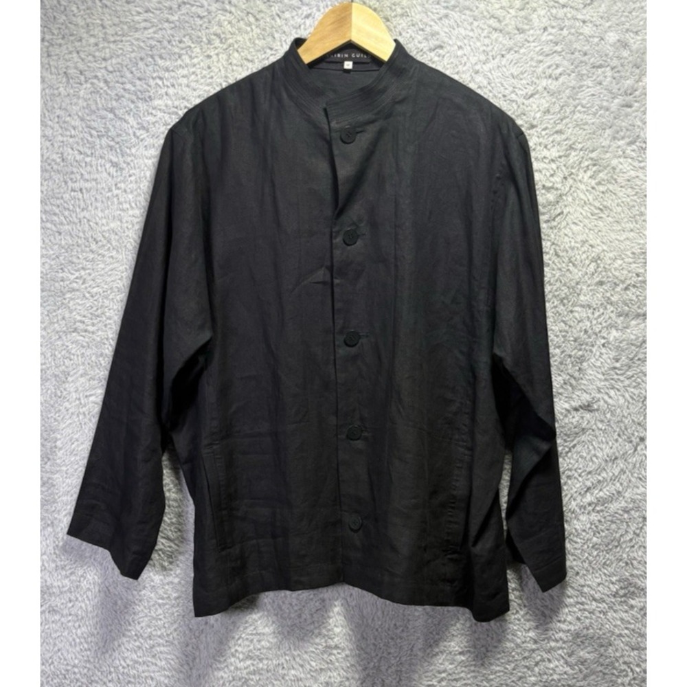 SHIRIN‎ GUILD Womens Black Linen Top Boxy Buttons Boho Medium Lagenlook Coastal
